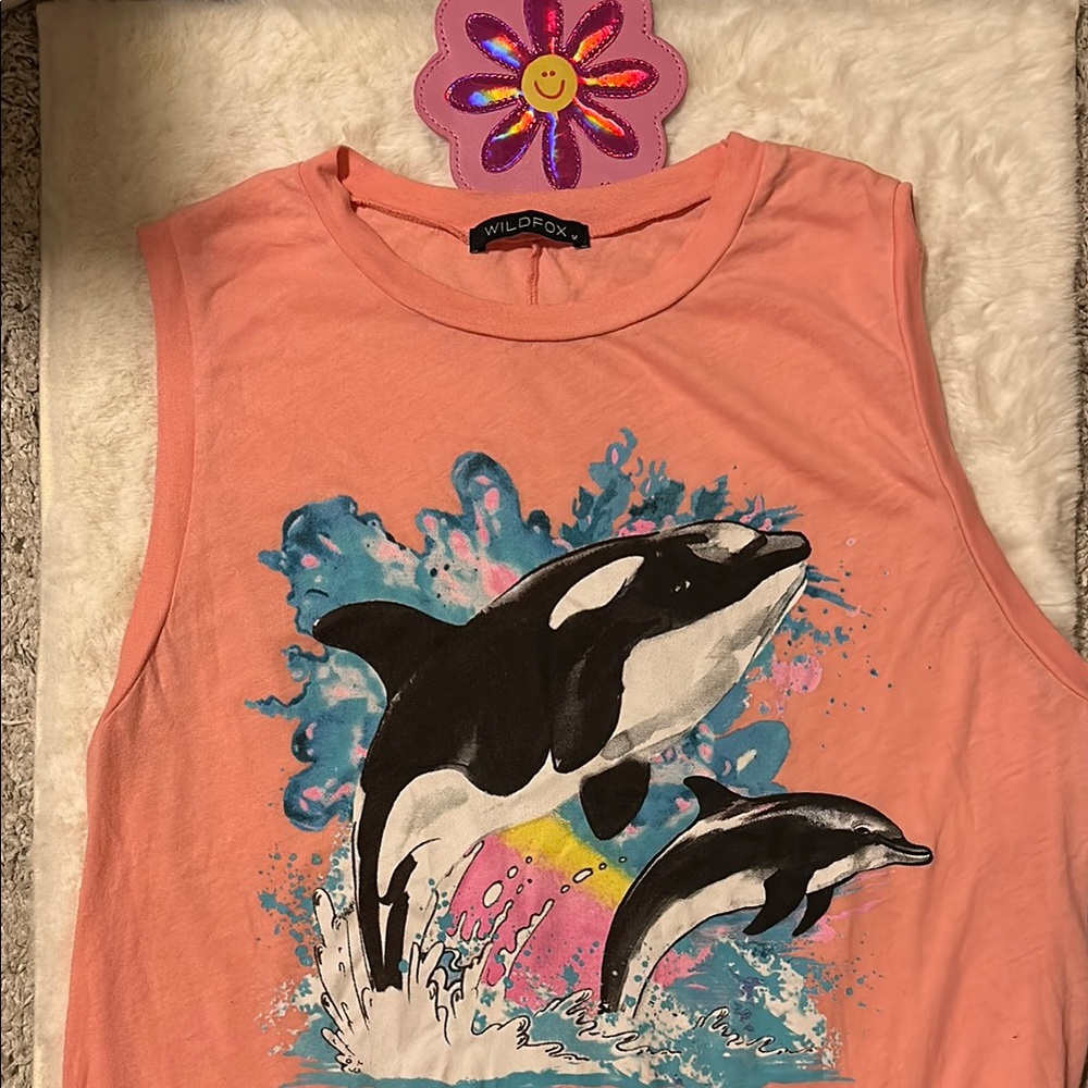 Wildfox Peach Dolphin Graphic Muscle-T Tank Top Medium
